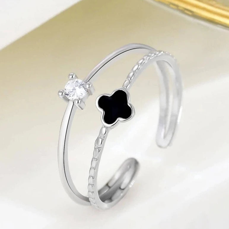 Cuff Ring with Rhinestone & Four-Leaf Clover Design