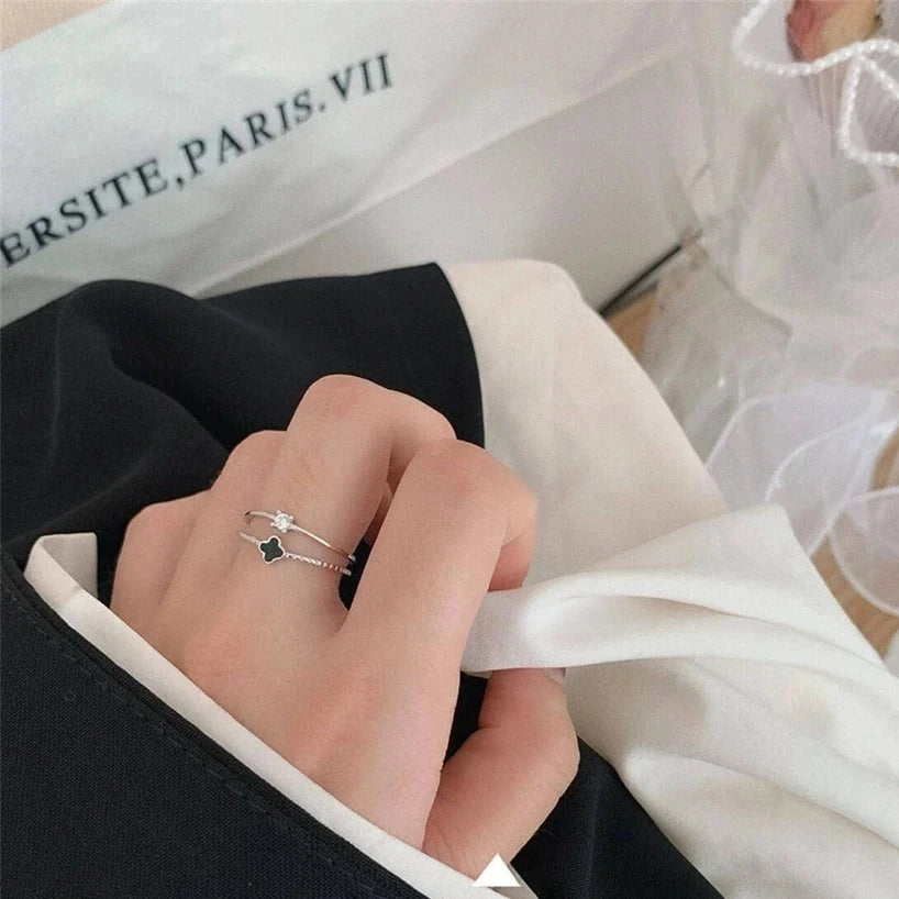 Cuff Ring with Rhinestone & Four-Leaf Clover Design