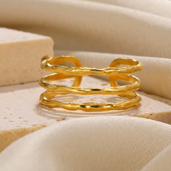 Simple Three-Layer Grooved Stainless Steel Cuff Ring