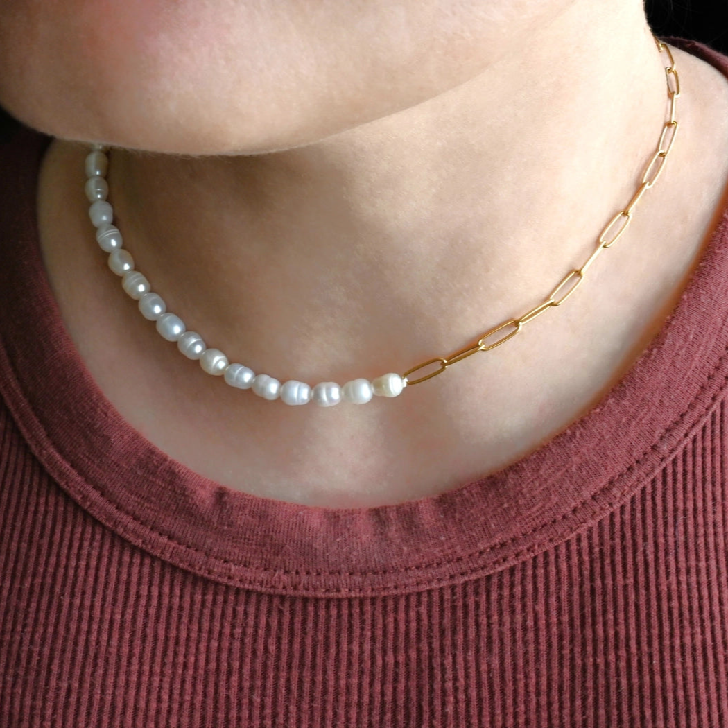 Pearl Toggle Necklace - Half Paperclip Half Pearl Necklace