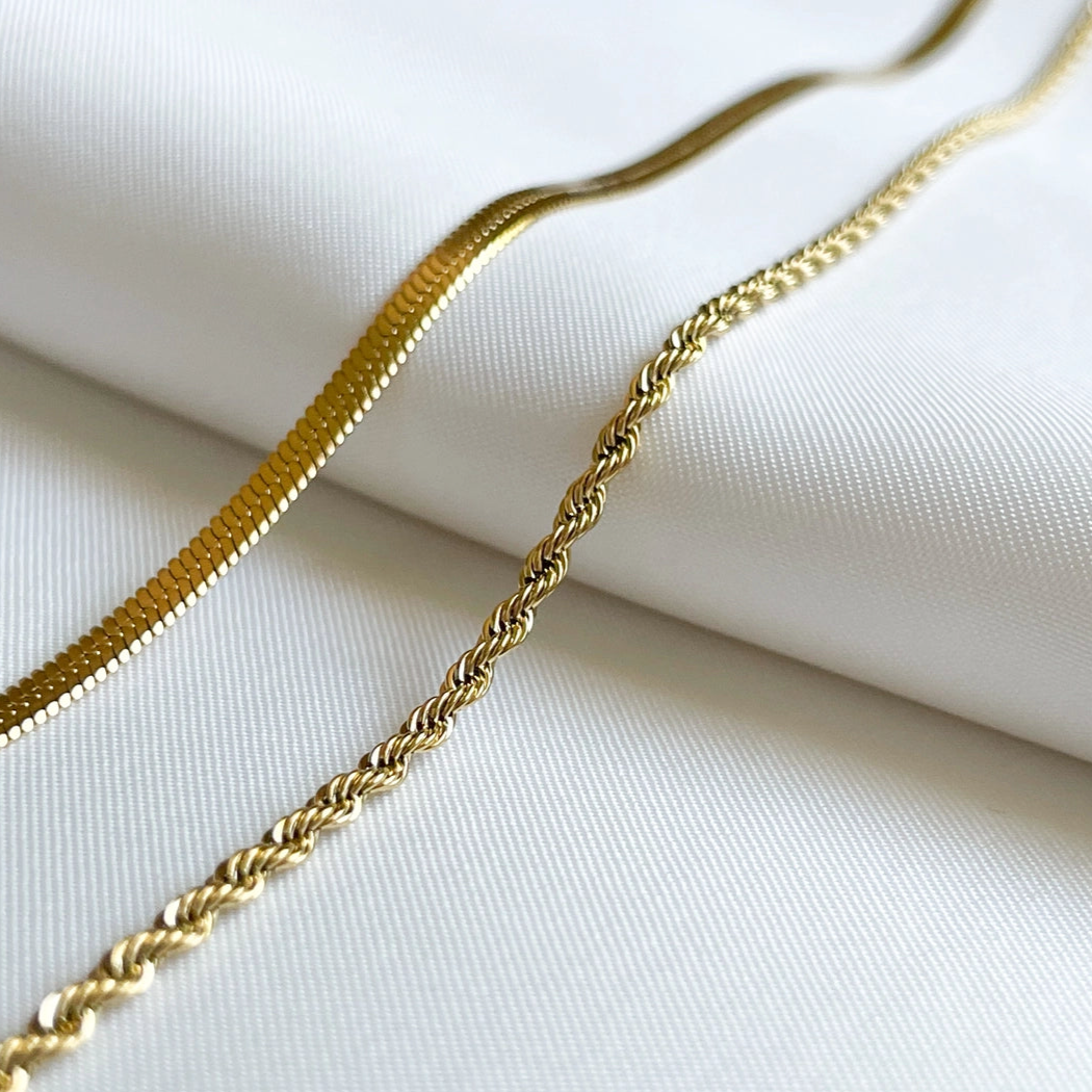 Layered Gold Necklace - Herringbone Rope Necklace Set