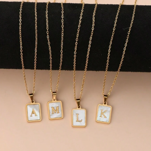 Fashion White Square Shell Alphabet Initial Necklace