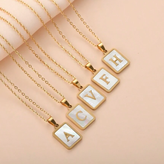 Fashion White Square Shell Alphabet Initial Necklace