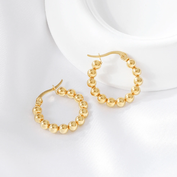 Gold Plated Stainless Steel Round Beaded Hoop Earrings