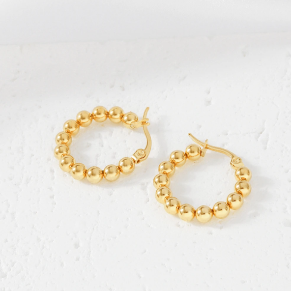 Gold Plated Stainless Steel Round Beaded Hoop Earrings