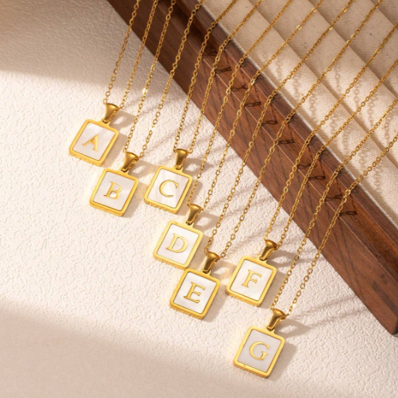 Fashion White Square Shell Alphabet Initial Necklace