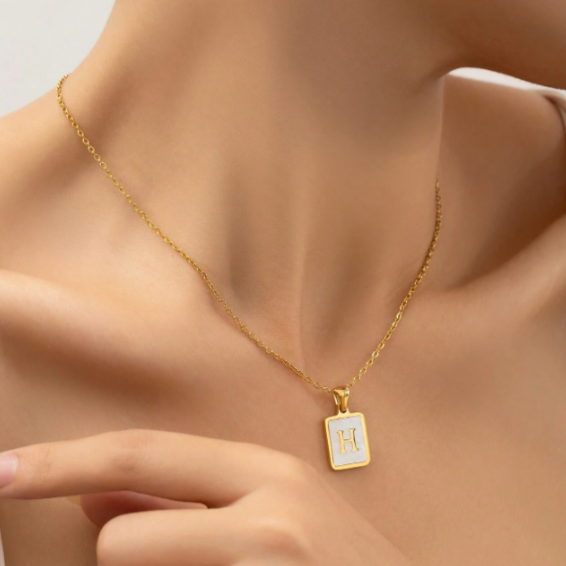 Fashion White Square Shell Alphabet Initial Necklace