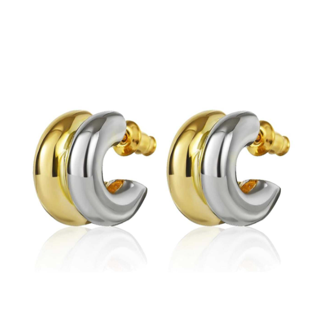 Women's Two-tone Plated 18k Gold Hoop Earrings, Low Sensitivity, Fashionable Two-tone C-shaped Classic Earrings For Women