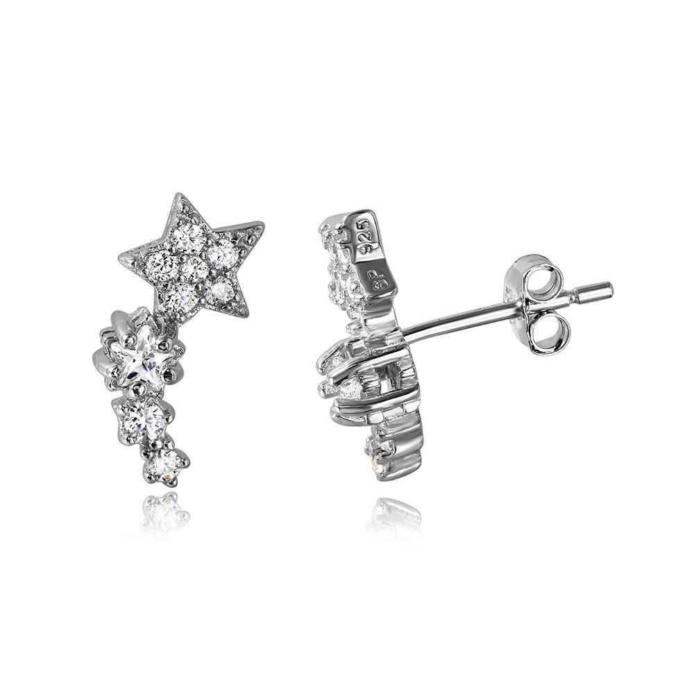 Silver 925 Rhodium Plated Climbing Star CZ Stud Earrings - STE01056