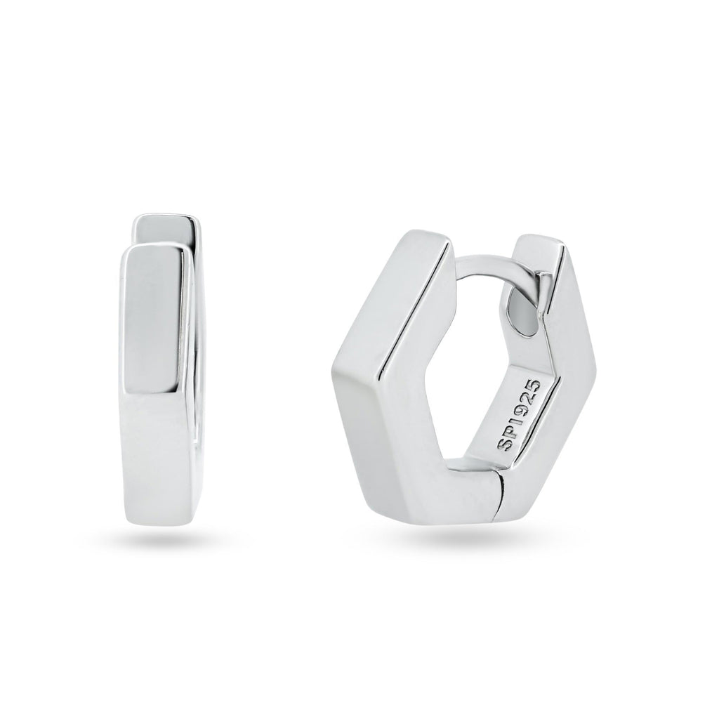 Pendientes de aro Huggie hexagonales chapados en rodio de plata de ley, 11,7 mm - STE01358RH