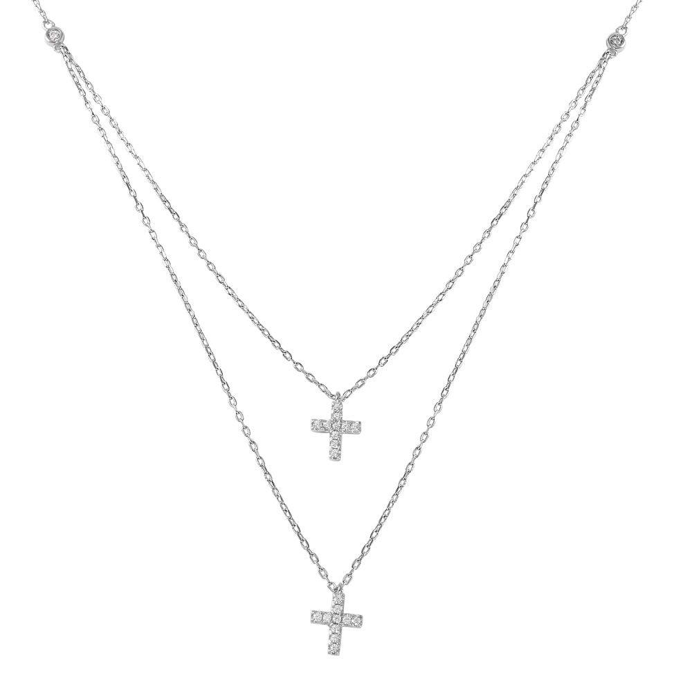 Silver 925 Rhodium Plated Two-strand Double Cross CZ Pendant Necklace - STP01482