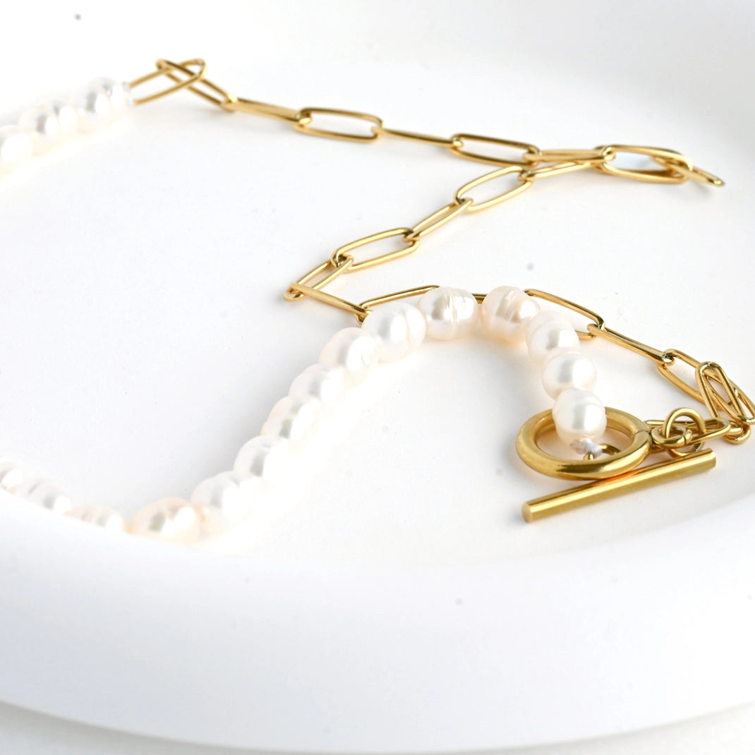 Pearl Toggle Necklace - Half Paperclip Half Pearl Necklace